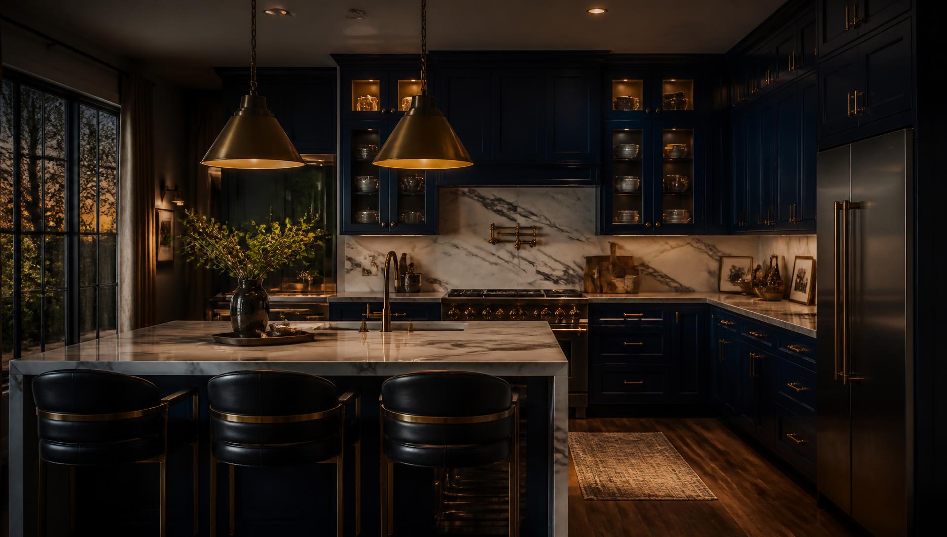 Elegant navy kitchen with marble island at dusk