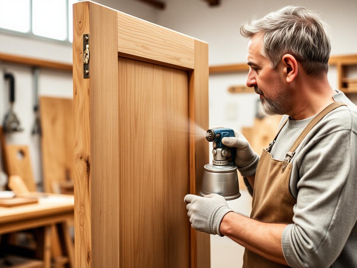 Craftsperson spray finishing a cabinet door